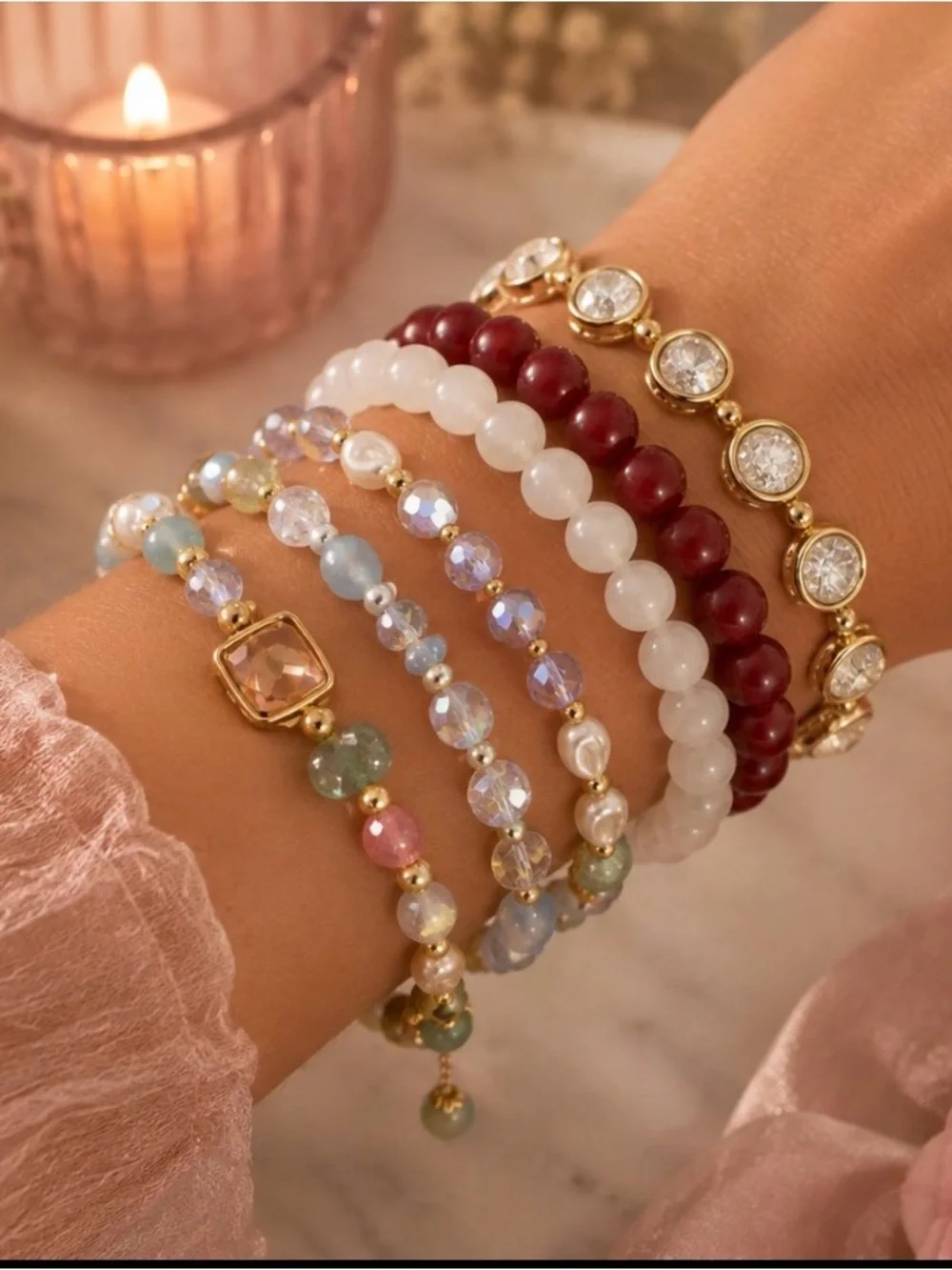 Elegant Multi-Color and Red Beaded Women's Bracelet Set 6 pieces